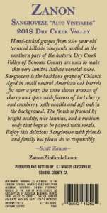 2018 Zanon Sangiovese “Alto Vineyards” Dry Creek Valley